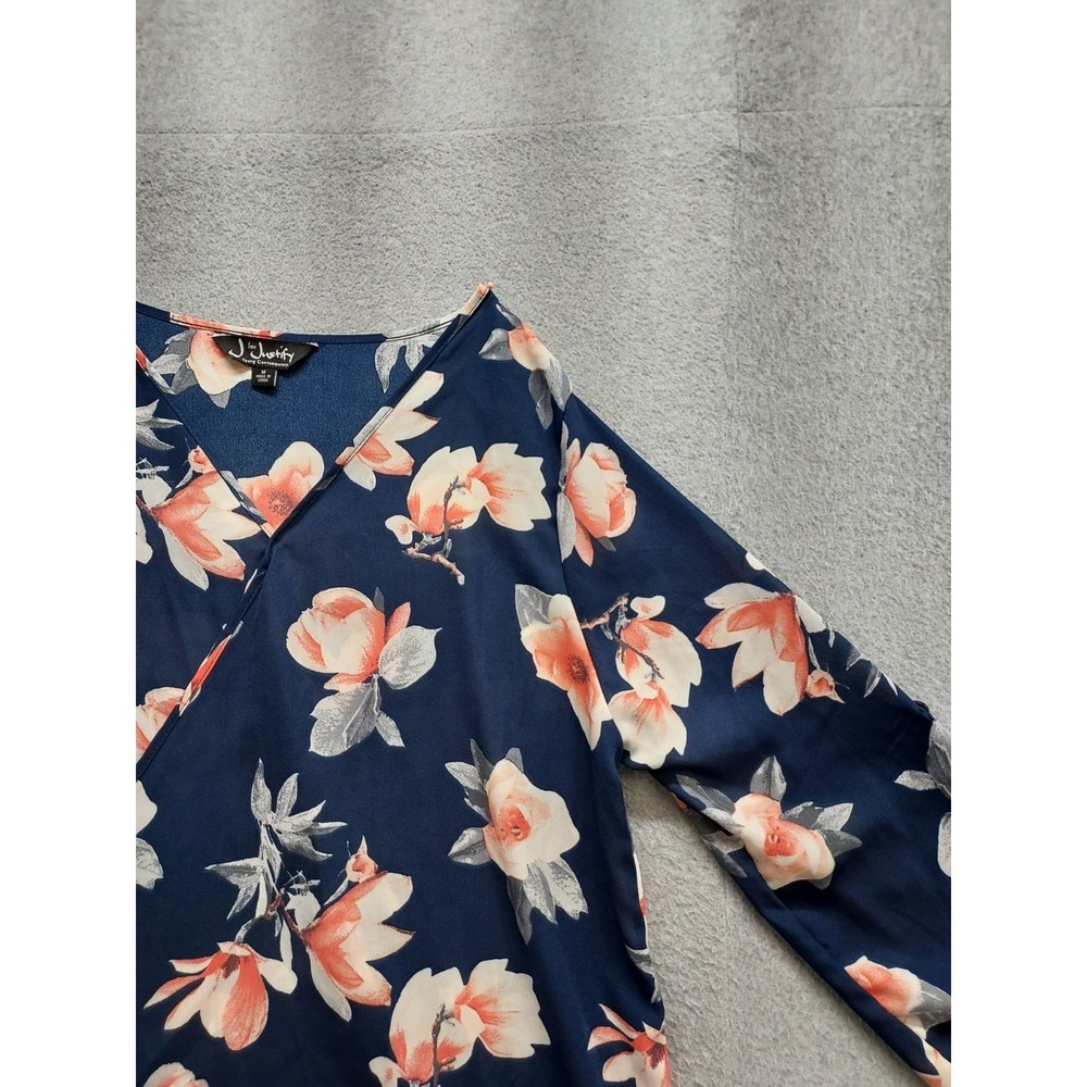 Justify Women Tunic Top M Navy Blue Floral V Neck Long Sleeve Summer Bohemian - Picture 3 of 16